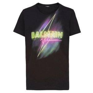 NEW Balmain Black Printed Lightning Logo Cotton Crewneck T-shirt Tee Top